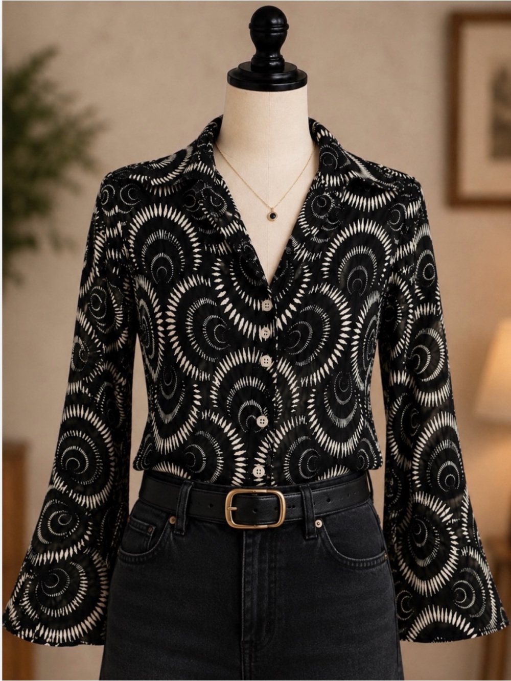 Sere Nade Micro Pleated Black White Bell Sleeve Button Up Blouse Abstract Print